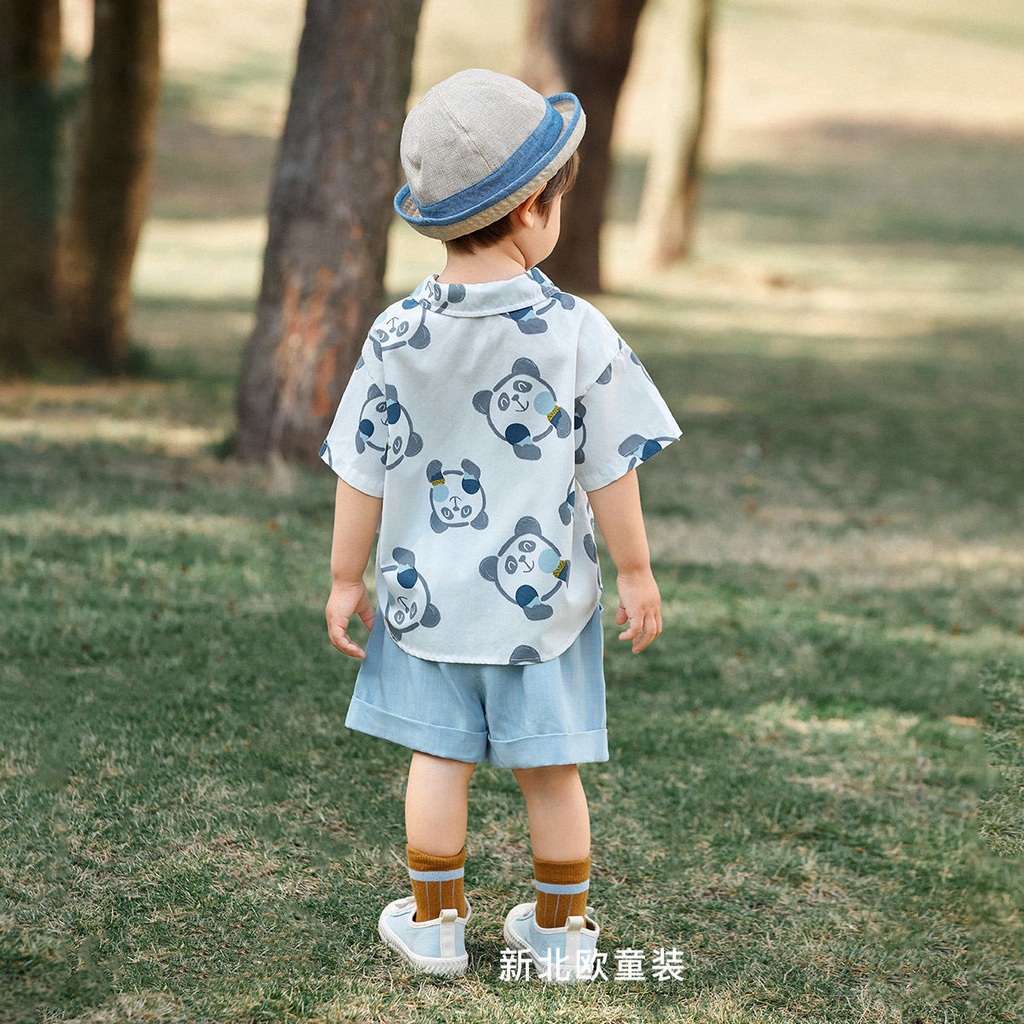 Bộ Áo Sơ Mi Cotton Ngắn Tay + Quần Short Mỏng In Họa Tiết Hoạt Hình Phong Cách Nhật Hàn Thời Trang Mùa Hè Cho Bé Trai