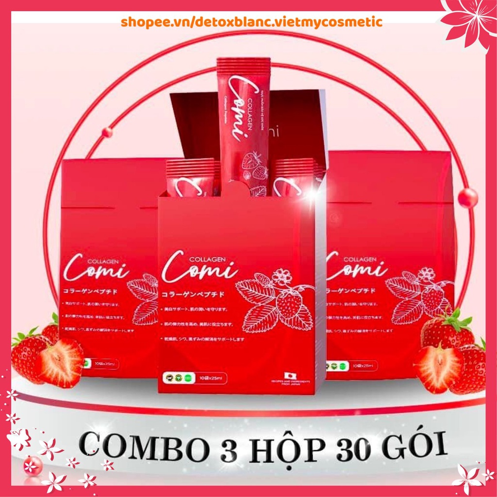 Combo 3 hộp nước uống collagen dâu tây Comi, giúp da trắng sáng mờ nám