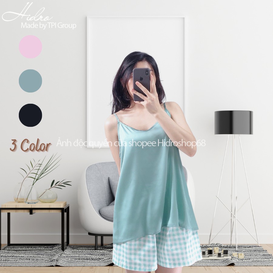 [ Tặng Kèm Scrunchies] Bộ Hai Dây Lụa Satin Mix Quần Kẻ Caro Chất Đẹp