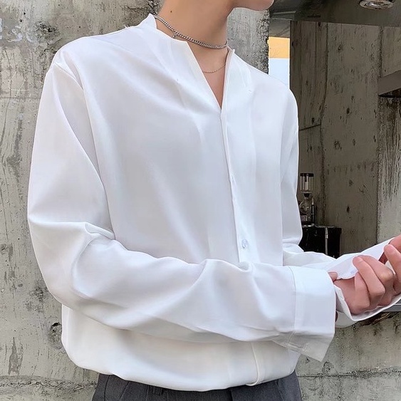 Áo Sơ Mi Lụa Dài Tay Màu Trắng Đen Phong Cách Hàn Quốc Cho Nam