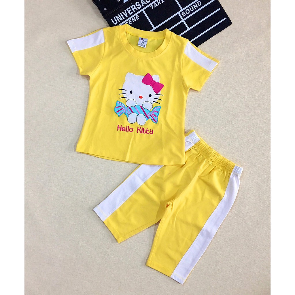 SIZE 1-7 (10-21kg) ĐỒ BỘ BÉ GÁI ÁO TAY NGẮN QUẦN LỬNG THUN COTTON IN HÌNH HELLO KITTY