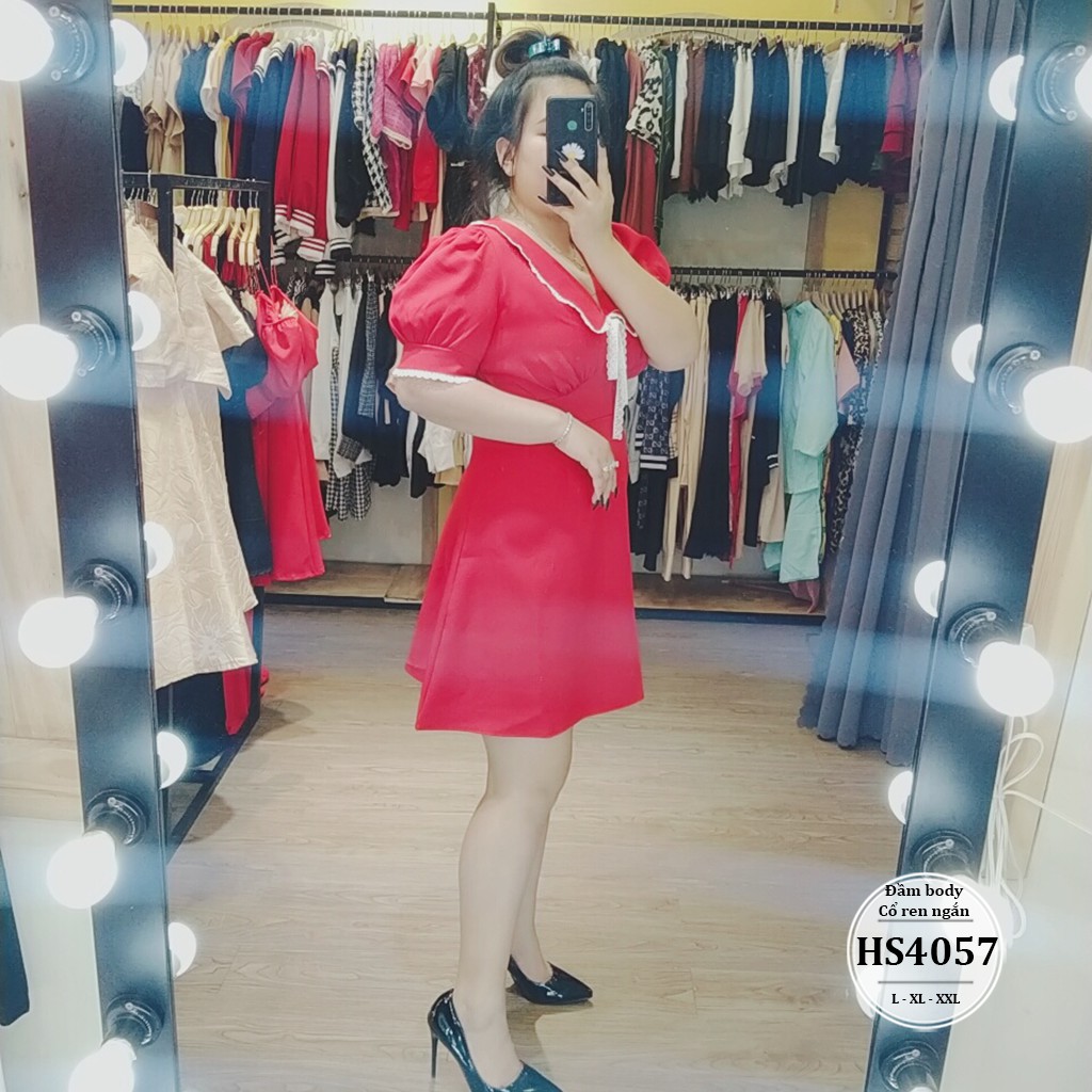 Đầm bigsize nữ body cổ áo ren chân váy dáng A HS4057 - Thiết kế sang chảnh - Đi tiệc, đi chơi - Màu Đen Đỏ -Size L XL XX