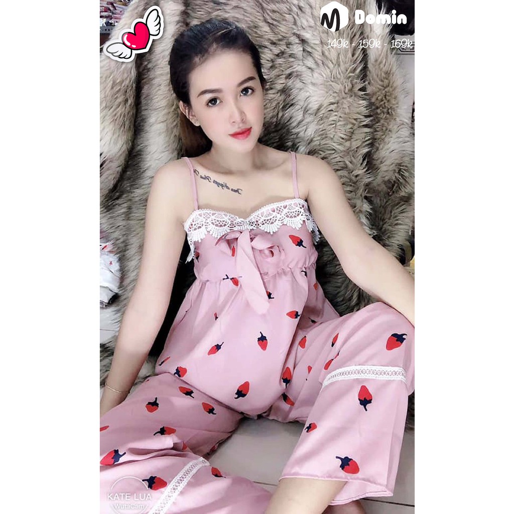 Đồ Bộ Dài Mặc Nhà Vải Kate Lụa Mềm Mịn Hình Trái Dâu - DOMIN