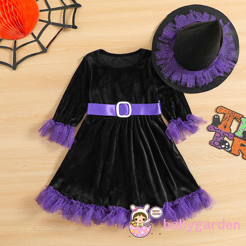 Đầm Chữ A Tay Dài Cổ Tròn Màu Sắc Tương Phản Kèm Mũ Phù Thủy Dễ Thương Cho Bé Gái 1-6 Tuổi