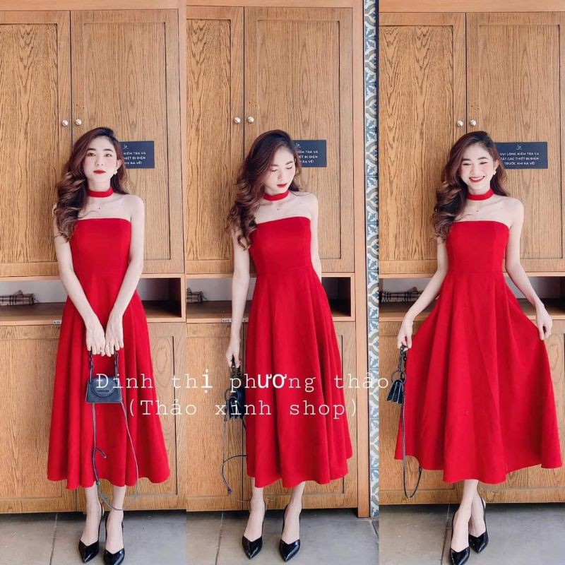váy đỏ nhung dự tiệc dáng xòe cúp ngực dự tiệc kèm chocker sang chảnh