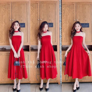 Váy đỏ nhung dự tiệc dáng xòe cúp ngực dự tiệc kèm chocker sang chảnh