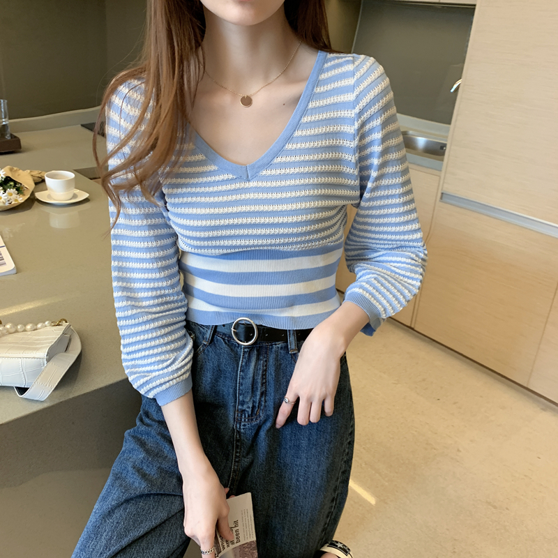 Áo Sweater Mỏng Tay Phồng Cổ Chữ V Kẻ Sọc Thời Trang Hàn Quốc 2020