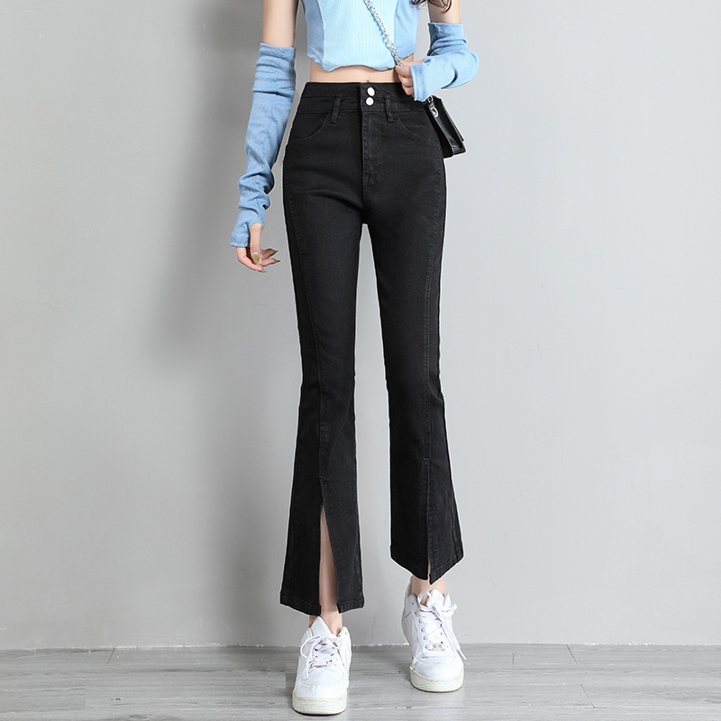 Quần jeans SUXI đen lưng cao ống loe xẻ tà thời trang xuân thu cho nữ