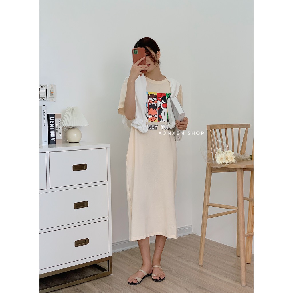Áo đầm suông in họa tiết chất vải thun thoáng mát Xonxen shop free size mã 325