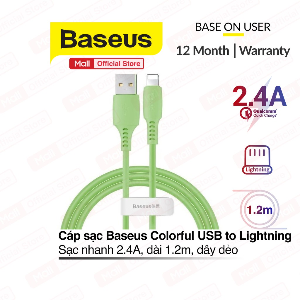 Cáp sạc Baseus Colorful Data Cable USB to Lightning dành cho iPhone sạc nhanh 2.4A, dài 1.2m, dây dẻo, màu sắc bắt mắt