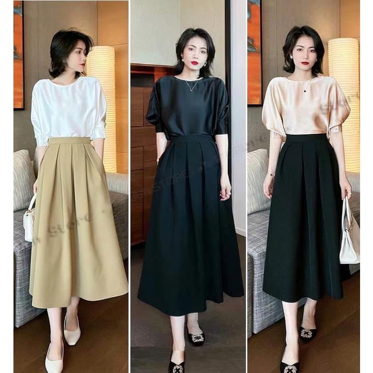 Set mix áo sơ mi lụa kết hợp chân váy kaki chéo hàn công sở, đi chơi, dự tiệc thanh lịch và sang trọng KANDY S29