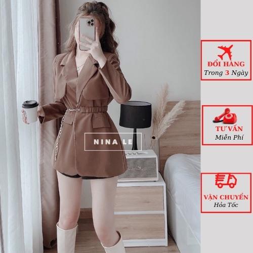 Áo vest blazer nữ dáng măng tô Hàn Quốc 2 lớp kèm dây đai xích công sở yolo fashion