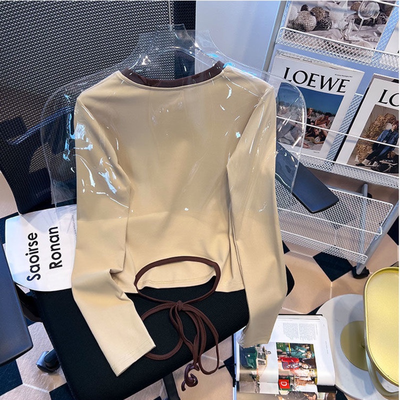 Áo Thun Tay Dài In Chữ Màu Sắc Tương Phản Phong Cách Retro Dành Cho Nữ