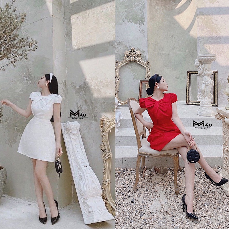 Đầm body gấm xốp nơ ngực 2M trắng/đỏ cho nữ DN573