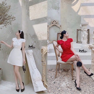 Đầm body gấm xốp nơ ngực 2M trắng/đỏ cho nữ DN573