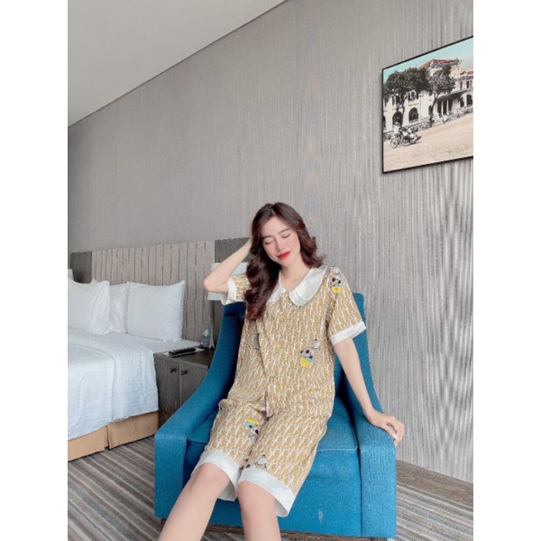 Bộ mặc nhà lụa mango cổ tiểu thư tay ngắn quần lửng
