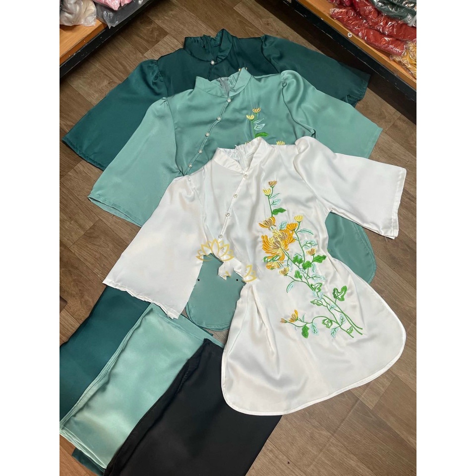 Đồ Làm Đi Chùa Nữ kiểu bà ba Trắng, Xanh Mint, Xanh rêu chất liệu gấm lụa Thêu Hoa Cúc, mền mịn,cổ trụ, tay lỡ - AL043