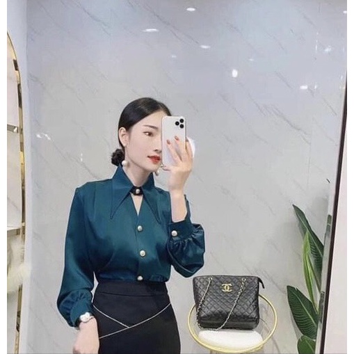 Áo Sơ Mi Nữ Tay Dài Lụa Nhật cổ khoét nhiều màu phôm vừa