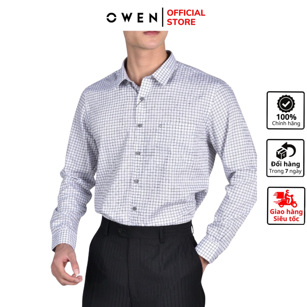 Áo sơ mi nam dài tay OWEN AR21049DT somi công sở vải sợi tre cao cấp màu kẻ caro xám nhạt dáng suông tà lượn có túi