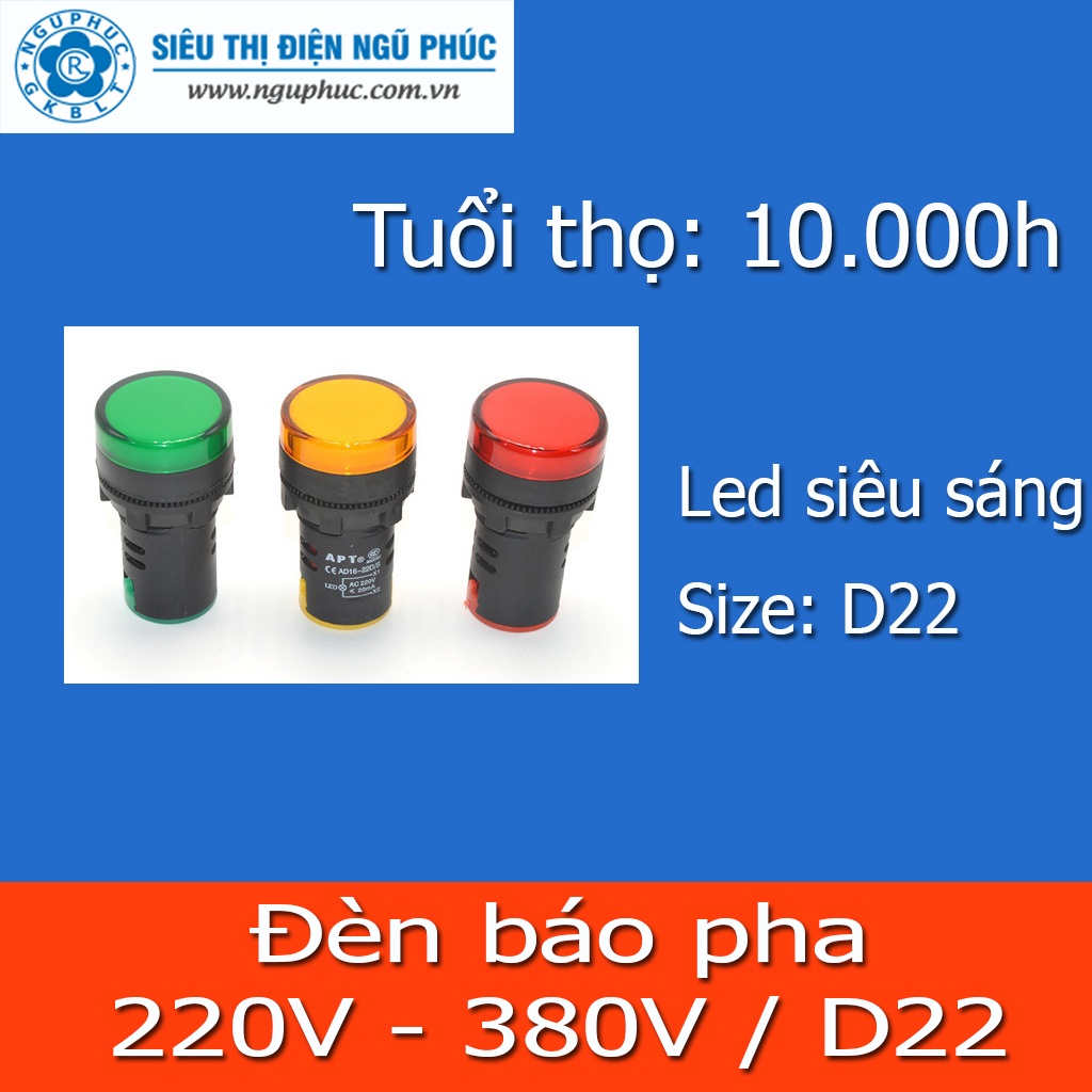 Đèn báo pha, phi  22mm -  220 Volt màu Đỏ - Vàng - Xanh