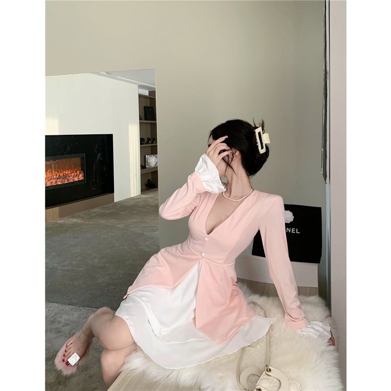 Đầm Giả Hai Mảnh Cổ Chữ V Phối Bèo Thời Trang Mùa Thu Phong Cách Mới 2022