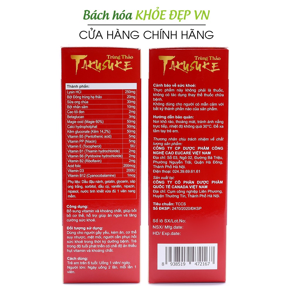 Viên uống Đông Trùng Hạ Thảo bổ sung vitamin bồi bổ cơ thể - 60 viên [Trùng Thảo Takusuke]