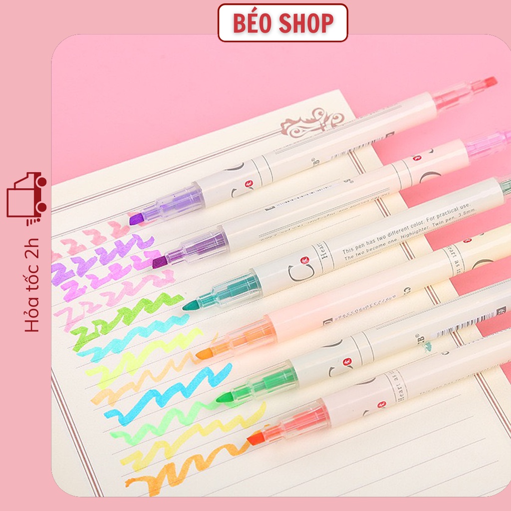 Bộ 3 bút 6 màu dạ quang highlight Béo shop bút đánh dấu 2 đầu marker dễ thương B08