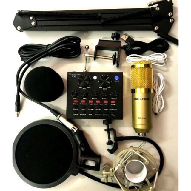CHỌN BỘ THU ÂM GIÁ RẺ MIC BM900-CARD V8 bản tiếng anh có auto-tune tích pin đi kèm chân đế màng lọc bảo hành 12 tháng