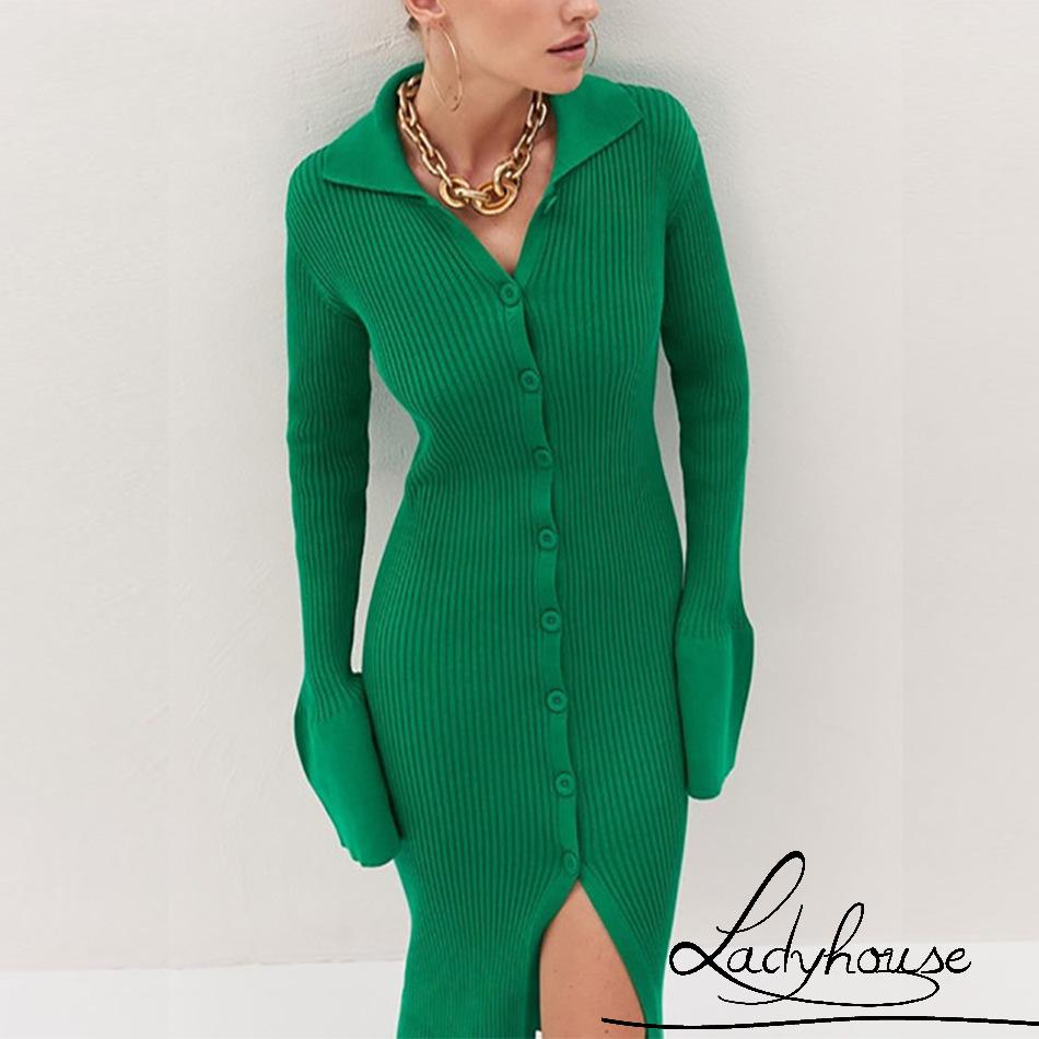 Ld-đầm Cổ Bẻ Một Mảnh Tay Dài Màu Trơn Thời Trang Xuân Thu Dành Cho Nữ Size S/M/L