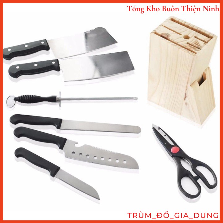 [FREESHIP] Bộ dao kéo nhà bếp đa năng 7 món kèm khay gỗ - Bộ dao làm bếp hợp kim inox kèm hộp gỗ