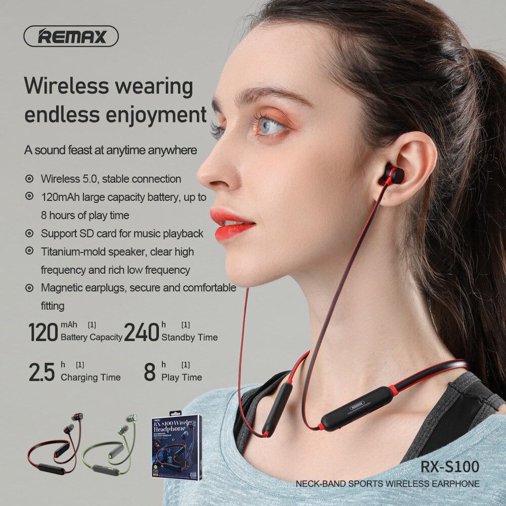 Tai nghe bluetooth  Remax RX-S100 Neck-band Sports V5.0, pin dùng 10H, có khe gắn thẻ nhớ - Hàng chính hãng