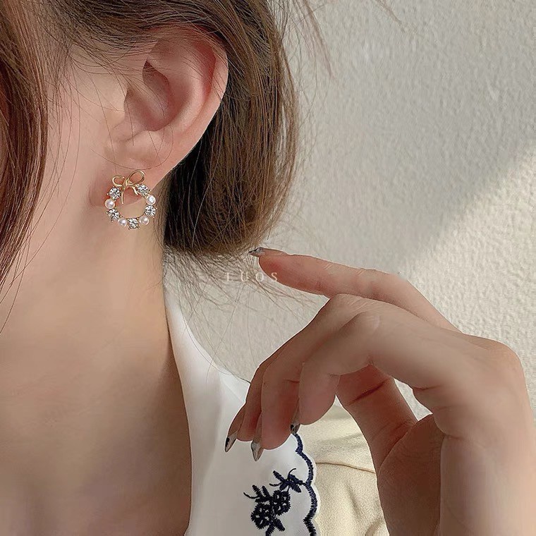 Hoa tai mạ bạc 925 hình nơ đính ngọc trai phong cách xinh xắn cho nữ