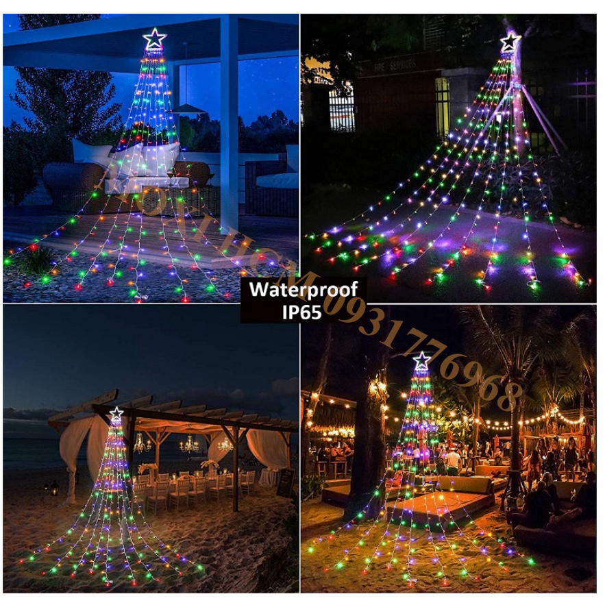 Đèn LED 9 dây thả rèm hình ngôi sao dùng năng lượng mặt trời trang trí DECOR sân vườn NOEL GIÁNG SINH TẾT MOXI.