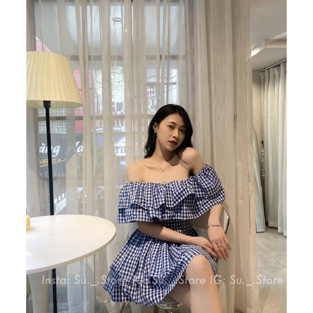 Váy/Đầm trễ vai sọc caro phong cách tiểu thư LOVI