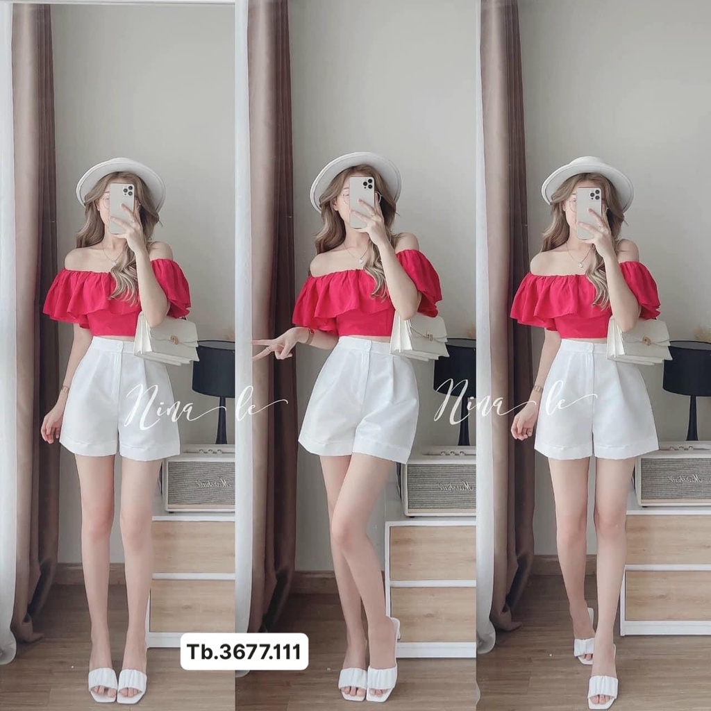Set bánh bèo hồng trễ vai mix quần short cá tính, áo 2 tầng kèm quần short trắng, mua 1 được 2