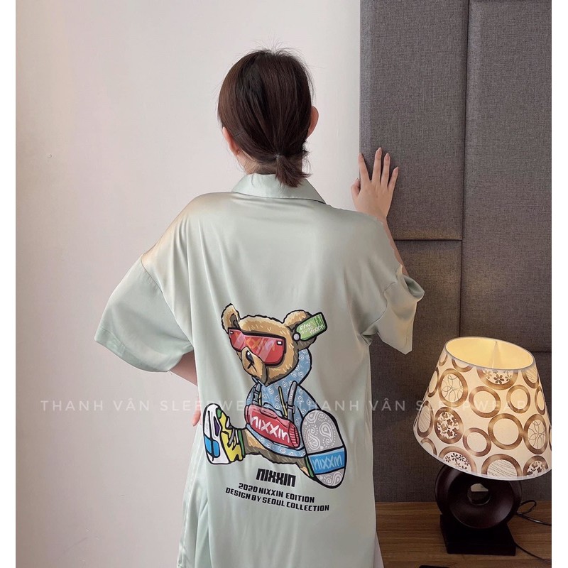 Váy ngủ sơ mi lụa tay lỡ Gấu cute 14