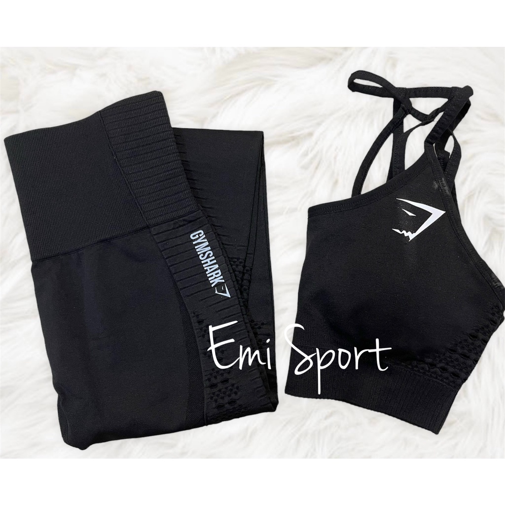 Bộ đồ tập GYM SHRK. Áo sport bra dây + quần lưng cao. Logo in
