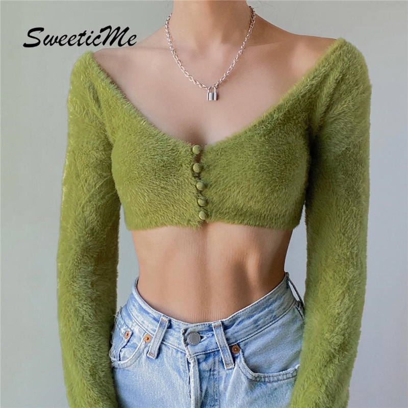 Áo Khoác Cardigan Sweeticme   Tay Dài Cổ Chữ V Phối Nút Lông Độc Đáo Thời Trang