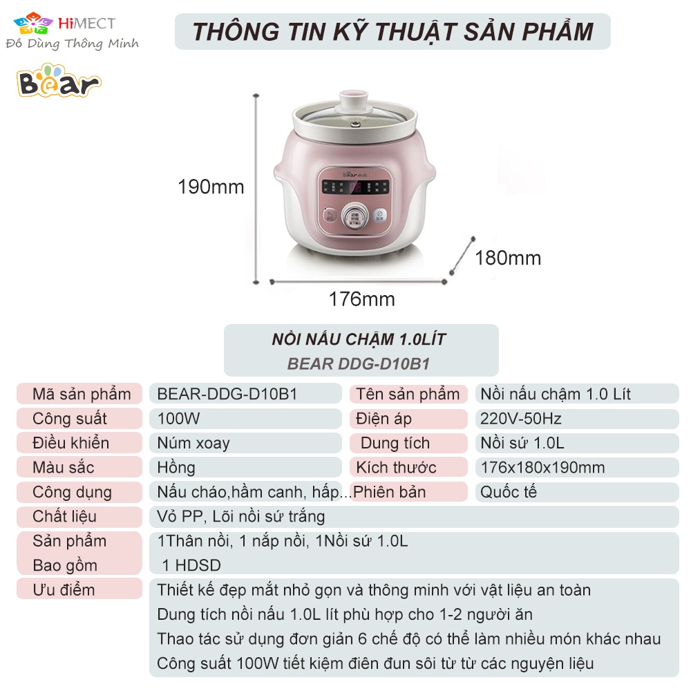 Nồi Nấu Cháo Cho Bé Hầm Chậm Đa Năng Đẹp Tiện Dụng Bear Dung tích 1 Lít DDZ-D10B1S- HiMect