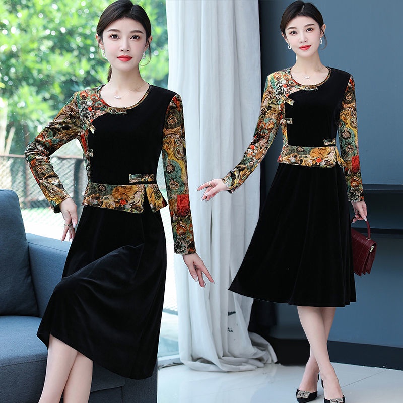 Đầm Nhung Dài Tay Phối Khóa Cài Thời Trang Cho Phụ Nữ Trung Niên