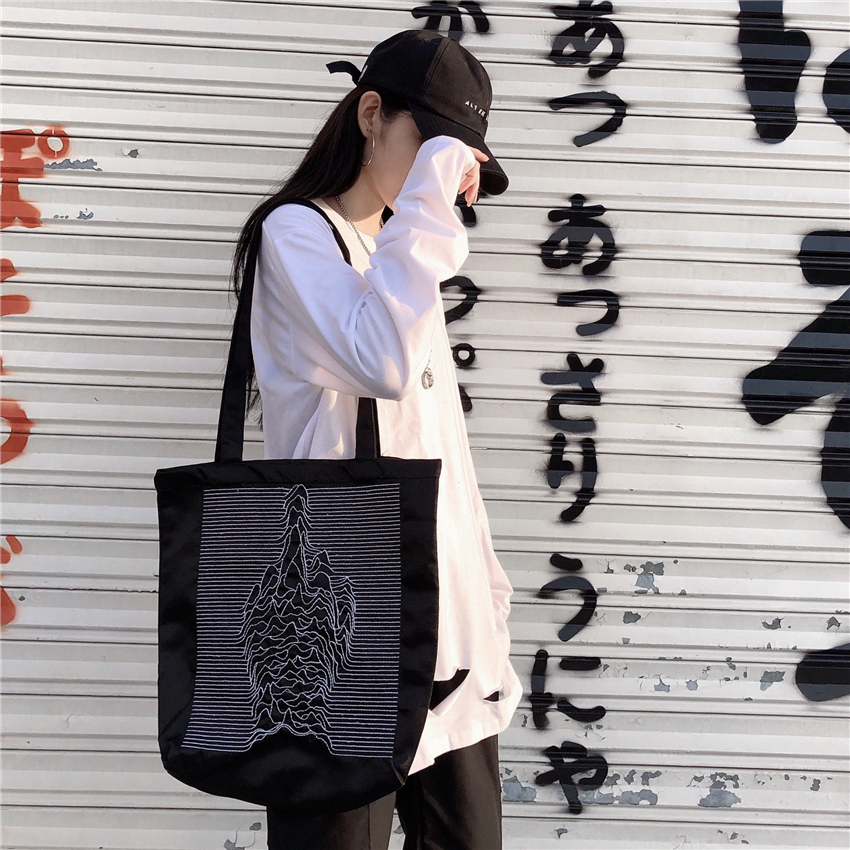 Túi tote đeo vai bằng canvas thêu hình ngọn núi màu đen đơn giản cá tính 22004