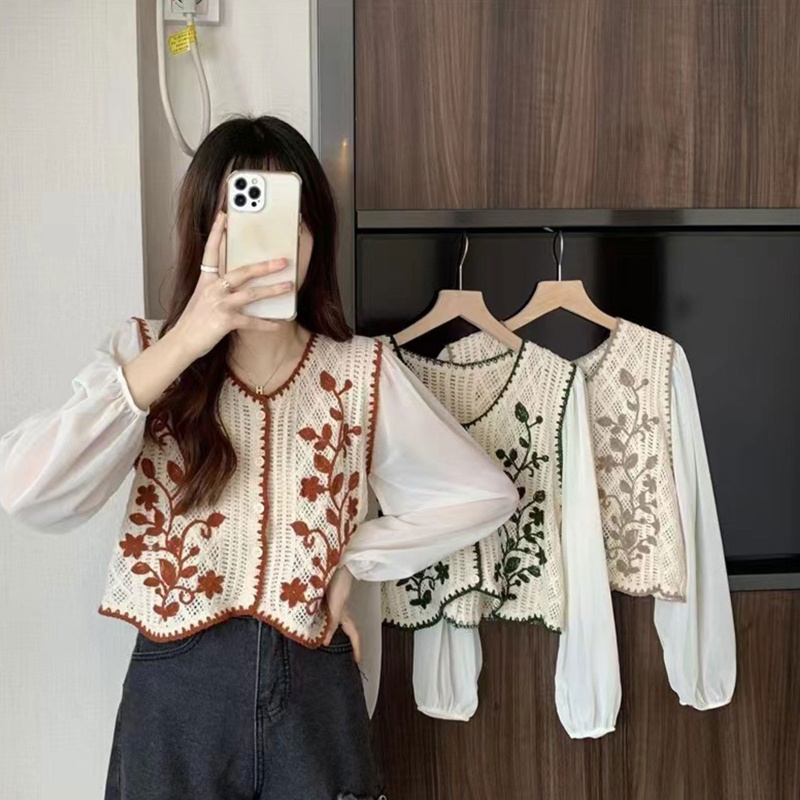 Áo Sơ Mi Chiffon Dài Tay Cổ Chữ V Thêu Hoa Phong Cách Pháp