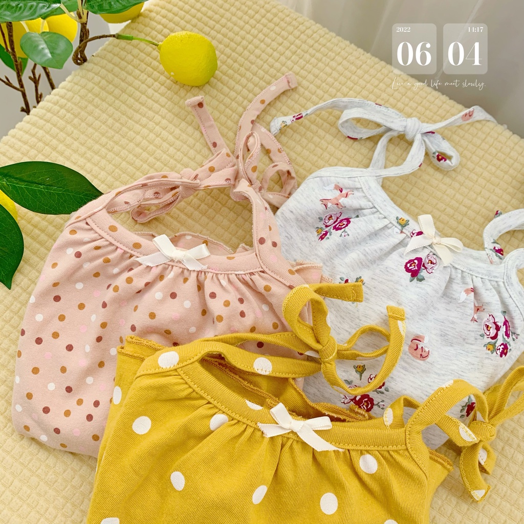 Bộ cotton hai dây xinh xắn cho bé, bộ thun hoạ tiết dễ thương cho bé gái