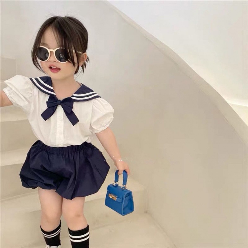 Bộ Áo Sơ Mi Cổ Bẻ + Quần Dài Kiểu Hải Quân Thiết Kế Dễ Thương Cho Bé Gái