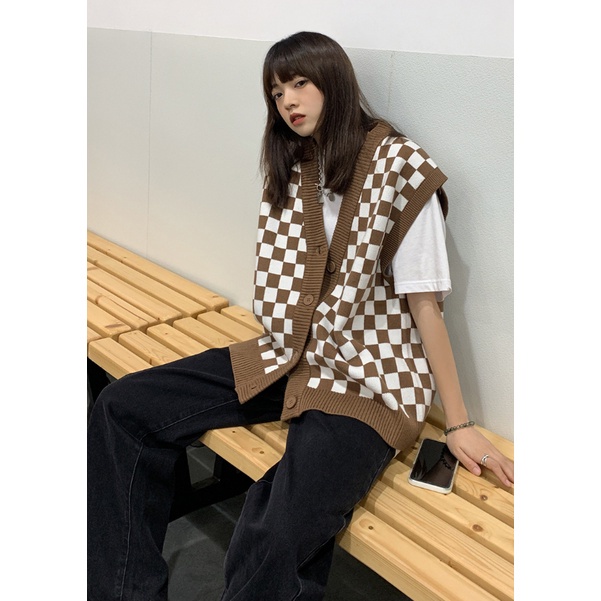 Áo khoác len không tay dáng rộng hoa văn kẻ ô dễ phối đồ thời trang hàn quốc