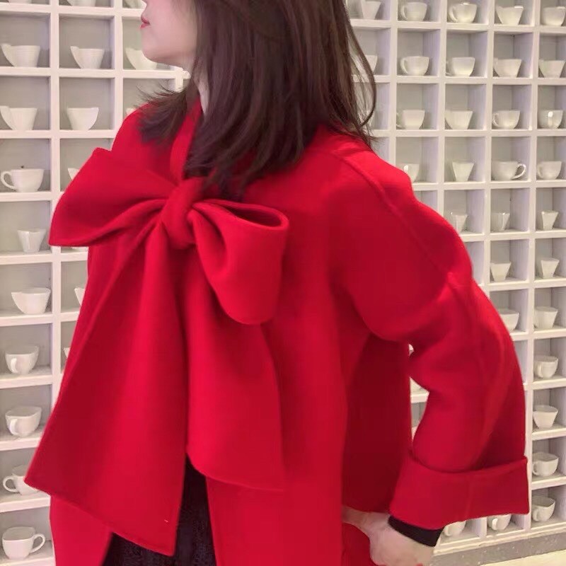 [CÓ SẴN - ẢNH THẬT] Áo măng tô dáng dài nơ đỏ nữ cao cấp phong cách Hàn Quốc