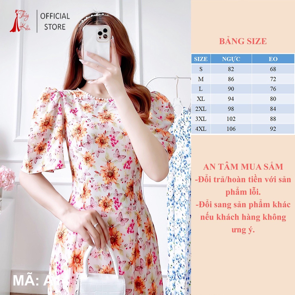 Áo dài nữ thiết kế trẻ trung A14 hoa nhí tay loe hoa bướm cổ đính ngọc đi dạy lễ tết cưới đẹp