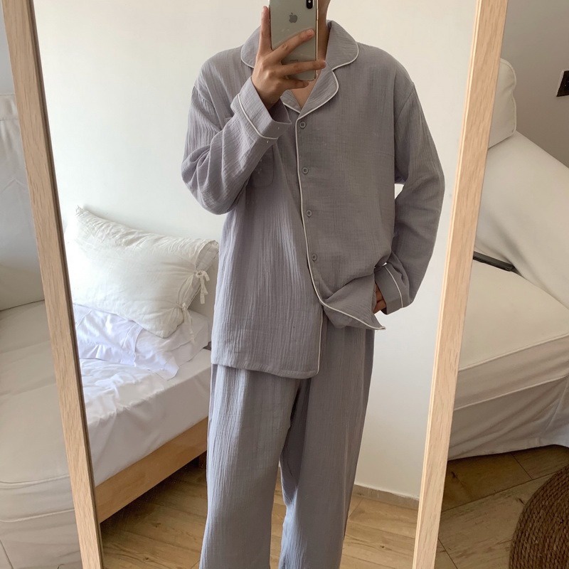 Đồ ngủ đôi nam nữ Ulzzang chất liệu Xô Muslin Hàn Quốc, bộ nữ phối ren