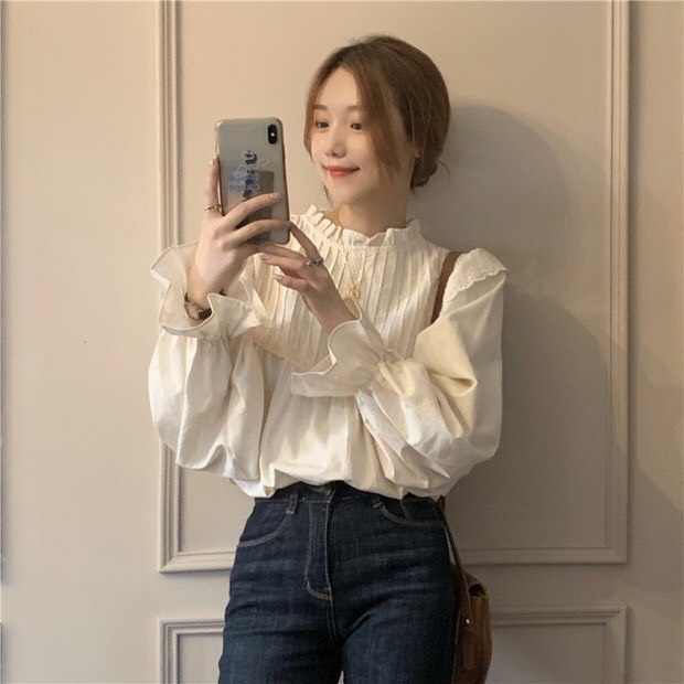 Áo sơ mi viền bèo ren ngực tay phồng - Áo babydoll cánh tiên viền ren bo tay
