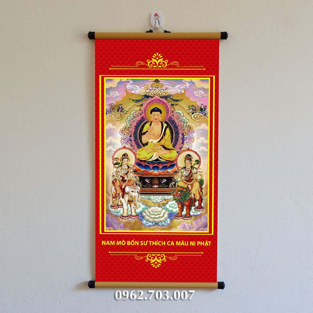 Tranh Tây Phương Tam Thánh treo tường bằng vải cao cấp dày dặn bền đẹp 30x60cm, tranh Phật treo tường